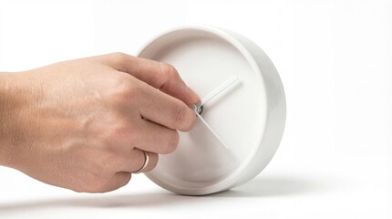 Closeup of a hand adjusting a white clock on a plain background, concept of time management and control