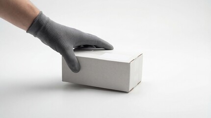 Gloved hand placing white cardboard box on surface, close up of fingers wrapping around edge, packaging and shipping concept with grey glove and plain white background