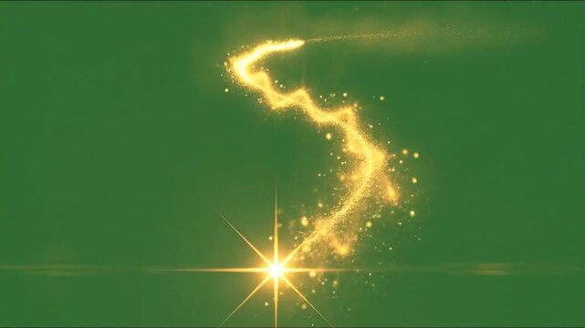 Single Golden Sparkle Trail Flowing Upward in Smooth S-Curve on Green Screen, Seamless Loop Energy Animation from Star