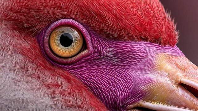 Intimate macro view of a majestic wading bird's eye, revealing the intense pink plumage and captivating gaze, a stunning detail of nature's vibrant artistry