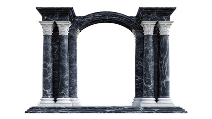 Classical black marble archway with twin columns and carved capitals ancient architectural structure isolated on white background