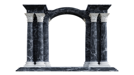 Classical black marble archway with twin columns and carved capitals ancient architectural structure isolated on white background
