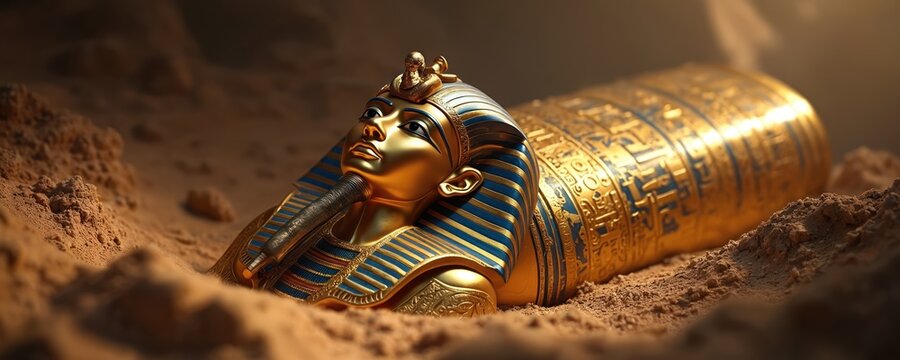 Golden pharaoh sarcophagus unearthed from desert sand. Richly decorated coffin with blue hieroglyphs, symbol of ancient Egyptian royalty and afterlife beliefs. Archaeological treasure found in tomb.