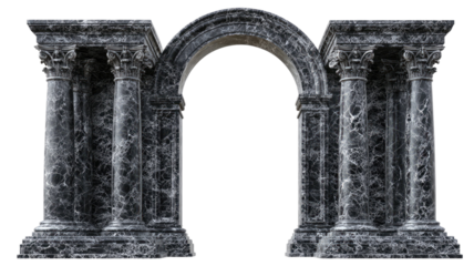 Classical black marble arch with ornate Corinthian columns and curved stone entablature isolated on white background
