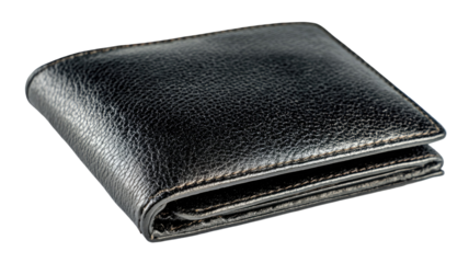 Black leather bifold wallet with pebbled grain texture stitched edges folded profile luxury accessory isolated on white background
