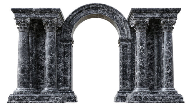 Classical black marble arch with ornate Corinthian columns and curved stone entablature isolated on white background
 - Powered by Adobe