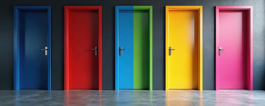 Five colorful doors stand side by side, representing different choices and opportunities. Blue, red, green, yellow, and pink doors offer varied paths for decision making.