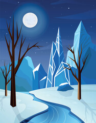 Winter night landscape with icy mountains moon and frozen river