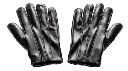Black leather gloves pair front view with stitched seams smooth texture winter fashion accessory isolated on white background
