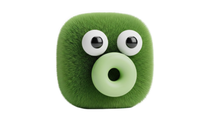 Fluffy Green Monster Character with Big Eyes and Ring Mouth on transparent background