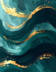 深緑青金流線の迫力ある筆墨キラキラ背景