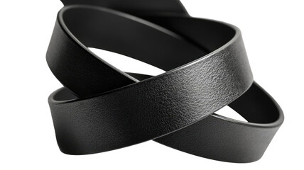 Black leather belt strap looped arrangement with smooth matte texture minimal fashion accessory isolated on white background