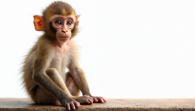 Baby monkey sits on wooden surface. Small primate with brown and grey fur looks alert with big eyes. Cute animal poses for portrait, white background.