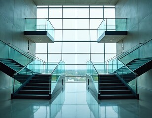 Modern glass architecture with symmetrical stairs, balconies inside large building. Central space features floor to ceiling window with view of exterior landscape. Minimalist design enhances