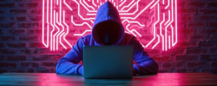 Hooded figure works on laptop in neon lit room with circuit board design. Person in purple hoodie sits at table, coding in dark environment. Digital crime concept. - Powered by Adobe