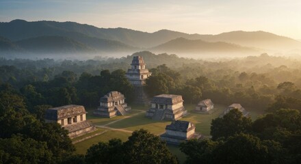 Ancient stone structures rise from a misty green valley under a sunrise
