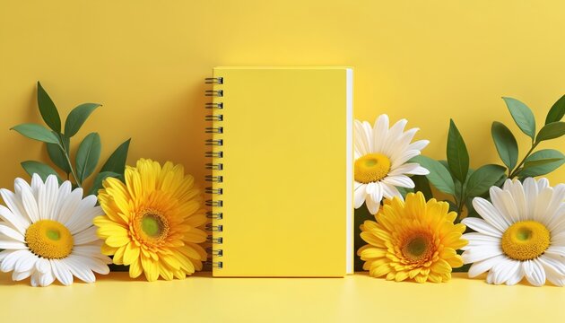 Yellow notebook surrounded by fresh daisies and green leaves. Use this blank journal for writing notes, planning, or reflecting on mental wellness and personal growth. Ideal for self care.