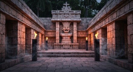 Fototapeta premium Ancient stone temple interior with torches, statue, and intricate carvings