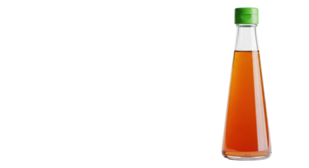 Premium gourmet sauce bottle, clear tapered glass, vibrant amber liquid, green cap, isolated on white studio background, minimal shadow, conveying culinary excellence