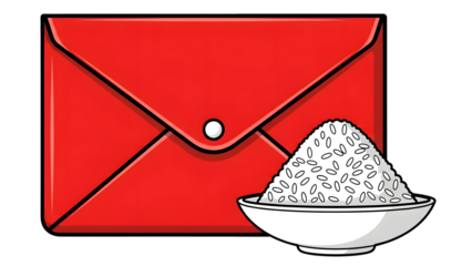 A red envelope with a bowl of rice on a white surface for finance or food concepts isolated on transparent background