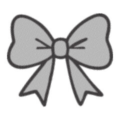 A simple black and white illustration of a decorative ribbon bow design in a halftone style