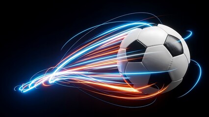 Soccer ball with glowing light trails on black background, motion blur
