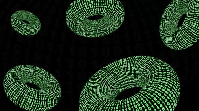 An interesting binary code green neon that encodes donut-shaped circular patterns on a black background.
