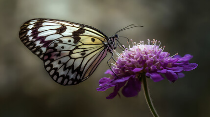 Fototapeta premium Extreme close up of a stunning black and white tree nymph butterfly delicately feeding from a vibrant purple scabiosa flower in soft natural light