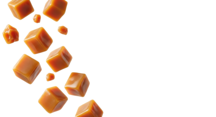 Golden-brown, shiny, translucent caramel pieces falling gracefully, suspended in mid-air with glossy surfaces, on a transparent studio background, soft lighting. Premium confectionery concept