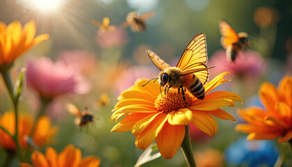 Bee and butterfly pollinate flowers in sunny garden. Insects gather nectar from colorful blooming plants. Soft sun rays create warm atmosphere, nature thrives.