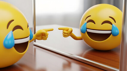 Laughing emoji pointing at reflection in mirror with tears of joy smiling
