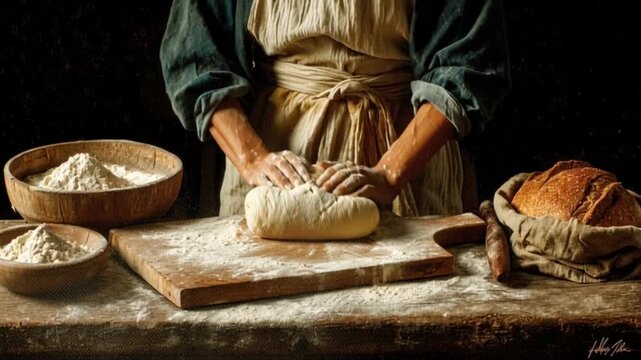 Hands expertly kneading fresh dough on a rustic board, surrounded by flour and a warm loaf, embodying the timeless art of homemade baking
