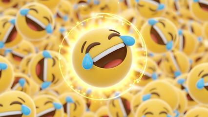 Laughing crying emoji faces with one highlighted in glowing circle expressing joy and amusement on yellow background with blue tears