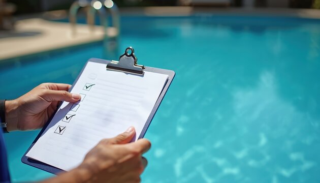 Pool pro checks list near clear blue water. Person ensures pool maintenance and safety with paperwork near backyard swimming area for best relaxation and fun.