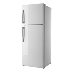 A clean white modern two door refrigerator with silver handles used for kitchen food storage appliance, isolated on transparent background