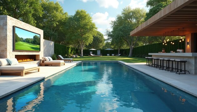 Luxury backyard oasis with large pool, outdoor bar, lounge chairs and big screen TV. Modern house with fireplace and garden offers entertainment and relaxation.