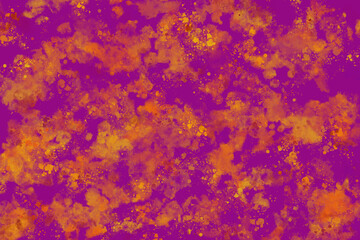 Fototapeta premium Vibrant purple background with dynamic orange splatters and spots, Watercolor backdrop