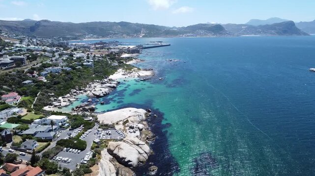 Aerial view of the coastline and ocean in Simon's Town near Boulders Beach, Cape Town, South Africa