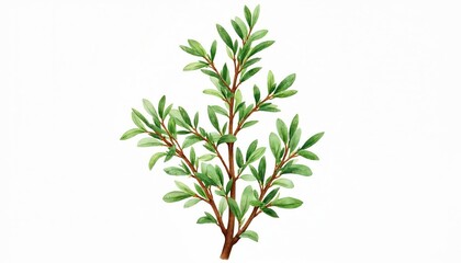 Fototapeta premium Watercolor illustration of a fresh thyme sprig with green leaves and brown stems. Botanical art suitable for culinary themes, recipes, or design elements.