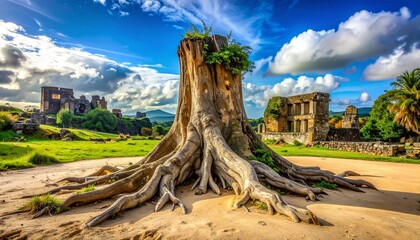 Obraz premium Ancient tree stump with roots near stone ruins under dramatic sky.
