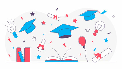 Graduation caps and diplomas flying with books and lightbulbs.
