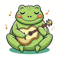 Obraz premium A cartoon frog sitting cross legged playing an acoustic guitar with musical notes around it
