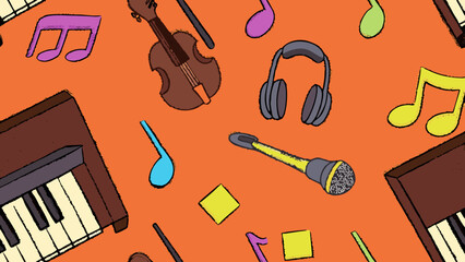 Obraz premium Musical Instruments and Notes Seamless Pattern Background.