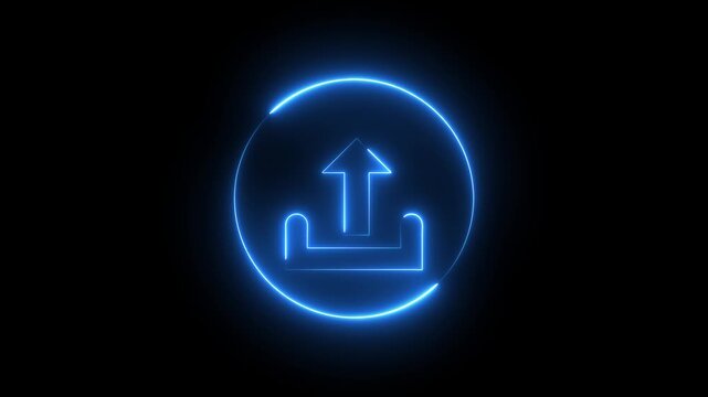 Neon blue color File Upload sign icon animation glowing up arrow network database internet collection icon with black background