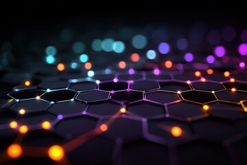 Abstract Dark Hexagonal Grid with Glowing Spheres and Lines Digital Network Concept on Black Background, Modern Technology Design with Blue and Orange Bokeh