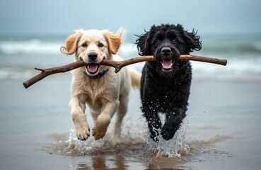 Two happy dogs, one light, one dark, run on wet beach shore carrying stick in mouths. They play fetch in ocean water splashing joyfully with wet fur.