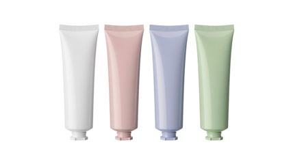 Four blank colorful pastel cosmetic skincare cream lotion and gel squeezable tubes standing, isolated on transparent background