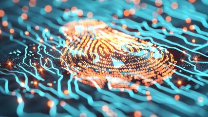 Digital Fingerprint: An illuminated fingerprint glows on a digital circuit board, representing advanced data security and protection. - Powered by Adobe