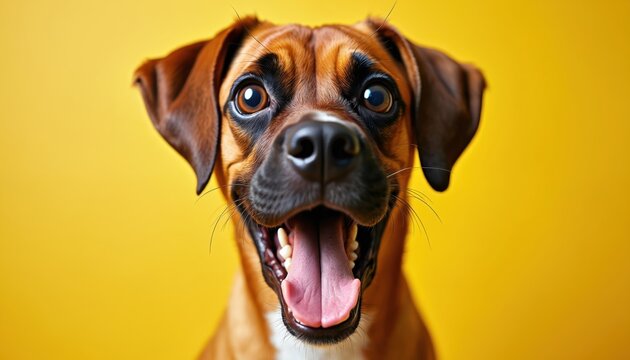 Brown boxer dog face studio portrait with wide eyes. Open mouth panting, tongue out, happy expression. Bright yellow background, cheerful energetic canine. Adorable pet face, funny cute animal.