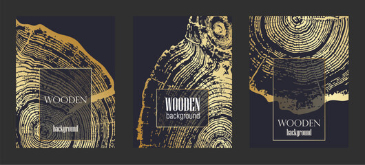 Luxury wood grain templates set with golden tree rings. Elegant wooden texture backgrounds featuring natural annual growth patterns and concentric circles Vector vertical banner with tree ring pattern